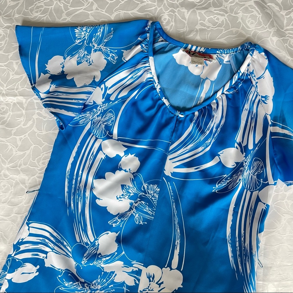 Vintage 70s Nani of Hawaii Hibiscus Waves Floral Print Angel Sleeve Hawaiian Top - Picture 10 of 11